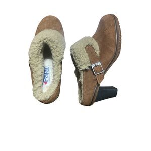 Pajar Canada Tan Shearling Buckle Mule Clog Heel Bootie